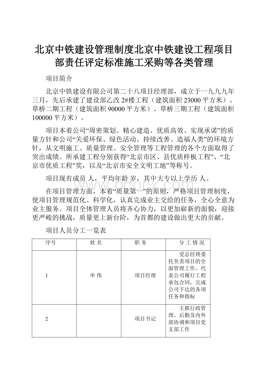 北京中铁建设管理制度北京中铁建设工程项目部责任评定标准施工采购等各类管理.docx