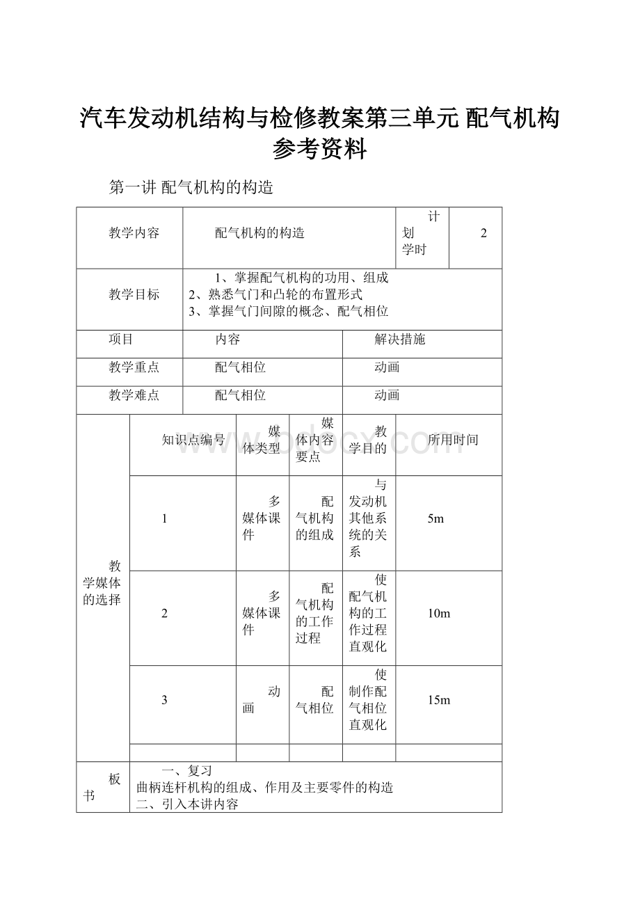 汽车发动机结构与检修教案第三单元 配气机构参考资料.docx