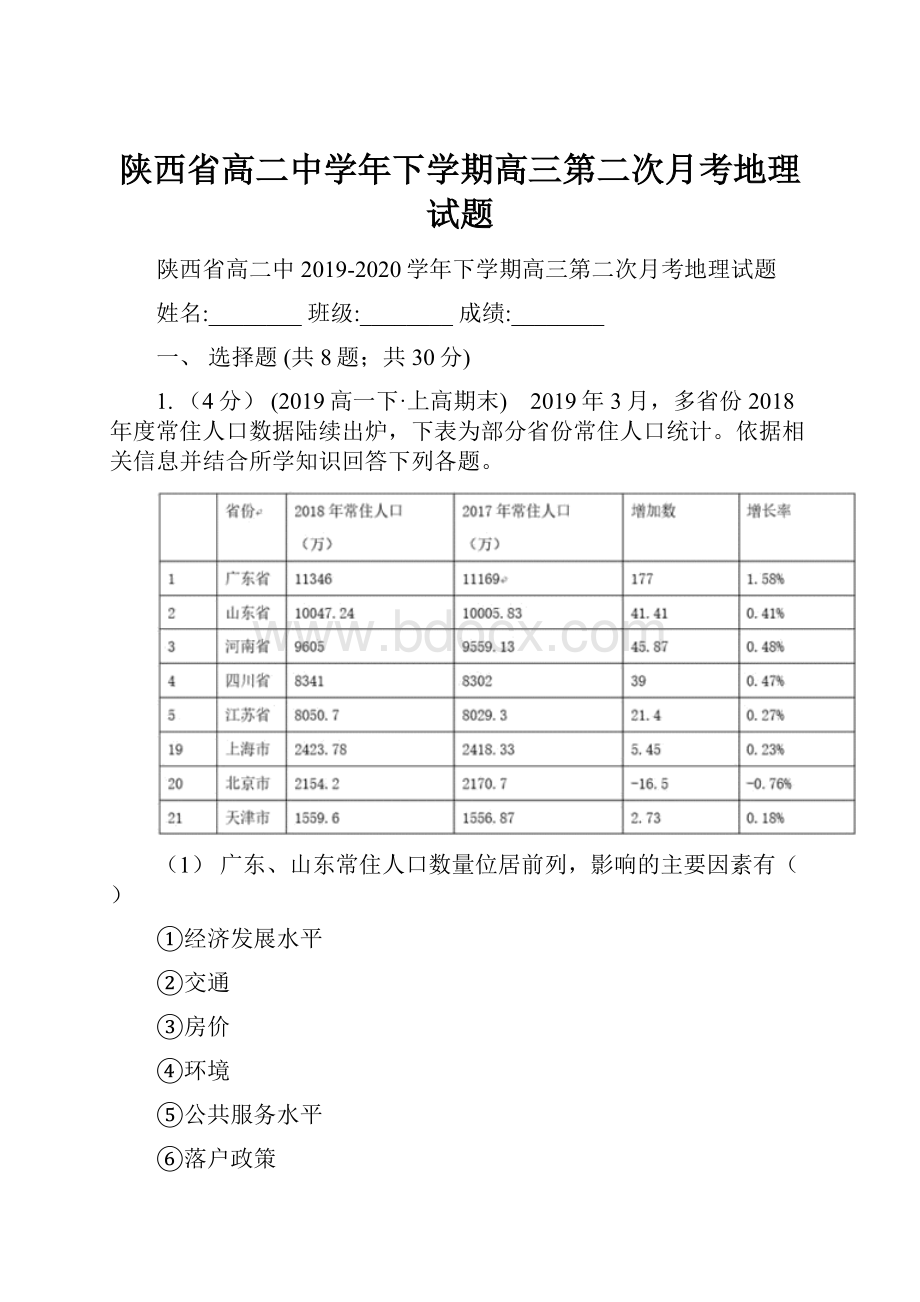 陕西省高二中学年下学期高三第二次月考地理试题.docx