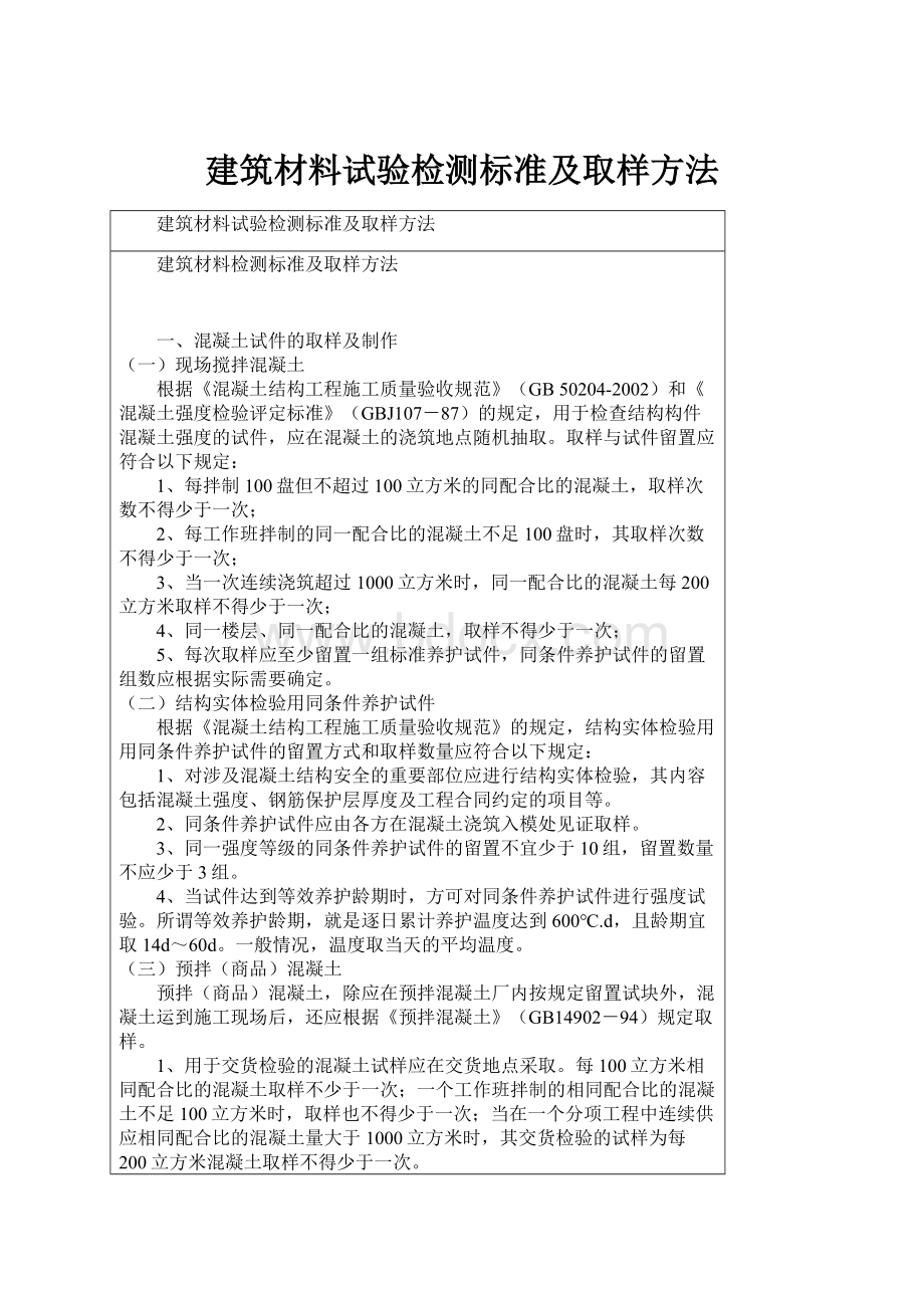 建筑材料试验检测标准及取样方法.docx_第1页