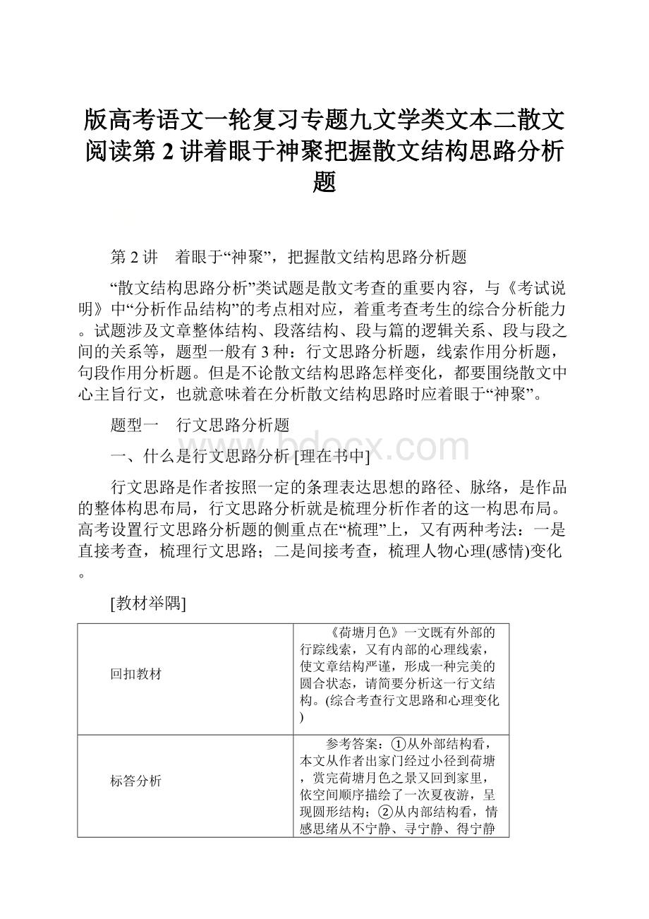 版高考语文一轮复习专题九文学类文本二散文阅读第2讲着眼于神聚把握散文结构思路分析题.docx_第1页