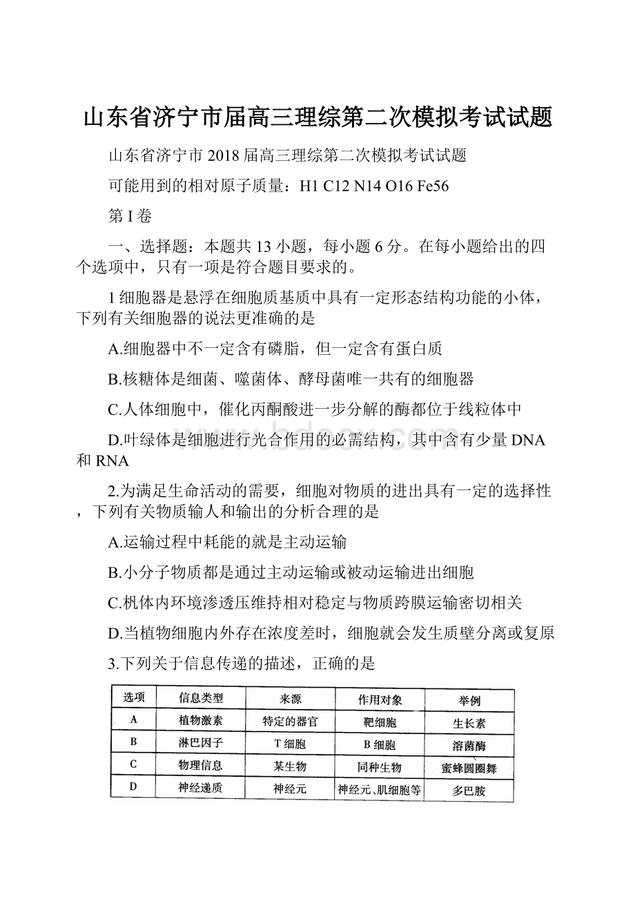 山东省济宁市届高三理综第二次模拟考试试题.docx_第1页