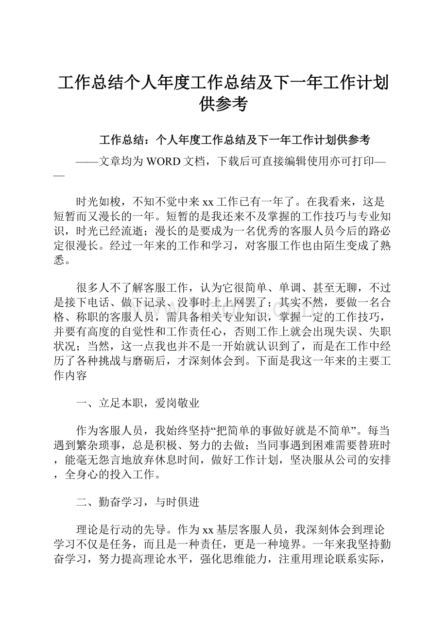 工作总结个人年度工作总结及下一年工作计划供参考.docx