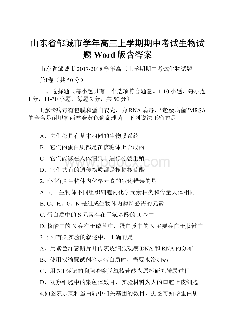 山东省邹城市学年高三上学期期中考试生物试题 Word版含答案.docx_第1页