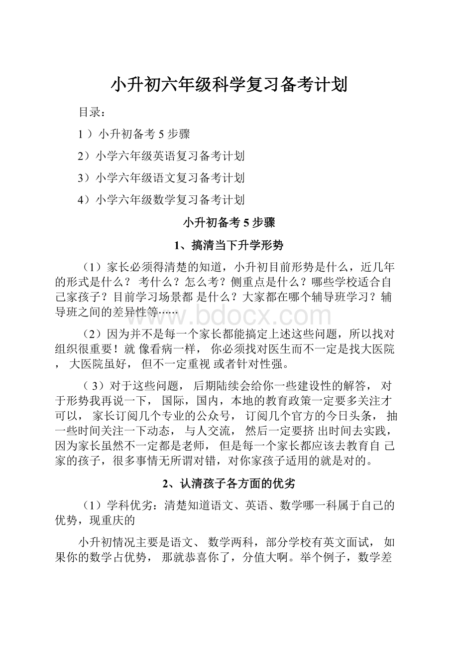 小升初六年级科学复习备考计划.docx