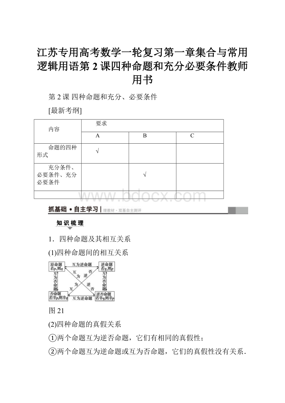 江苏专用高考数学一轮复习第一章集合与常用逻辑用语第2课四种命题和充分必要条件教师用书.docx_第1页