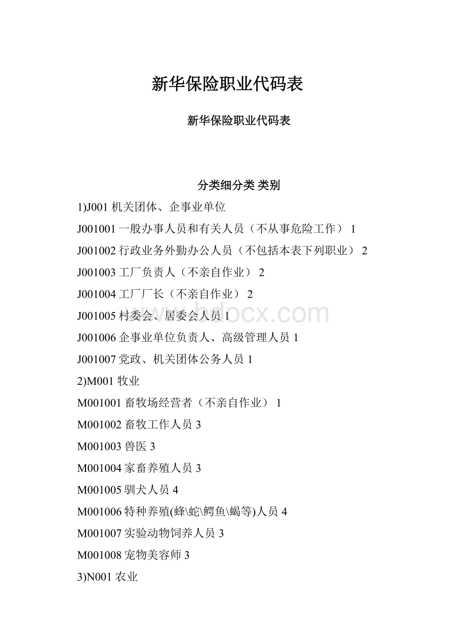 新华保险职业代码表.docx