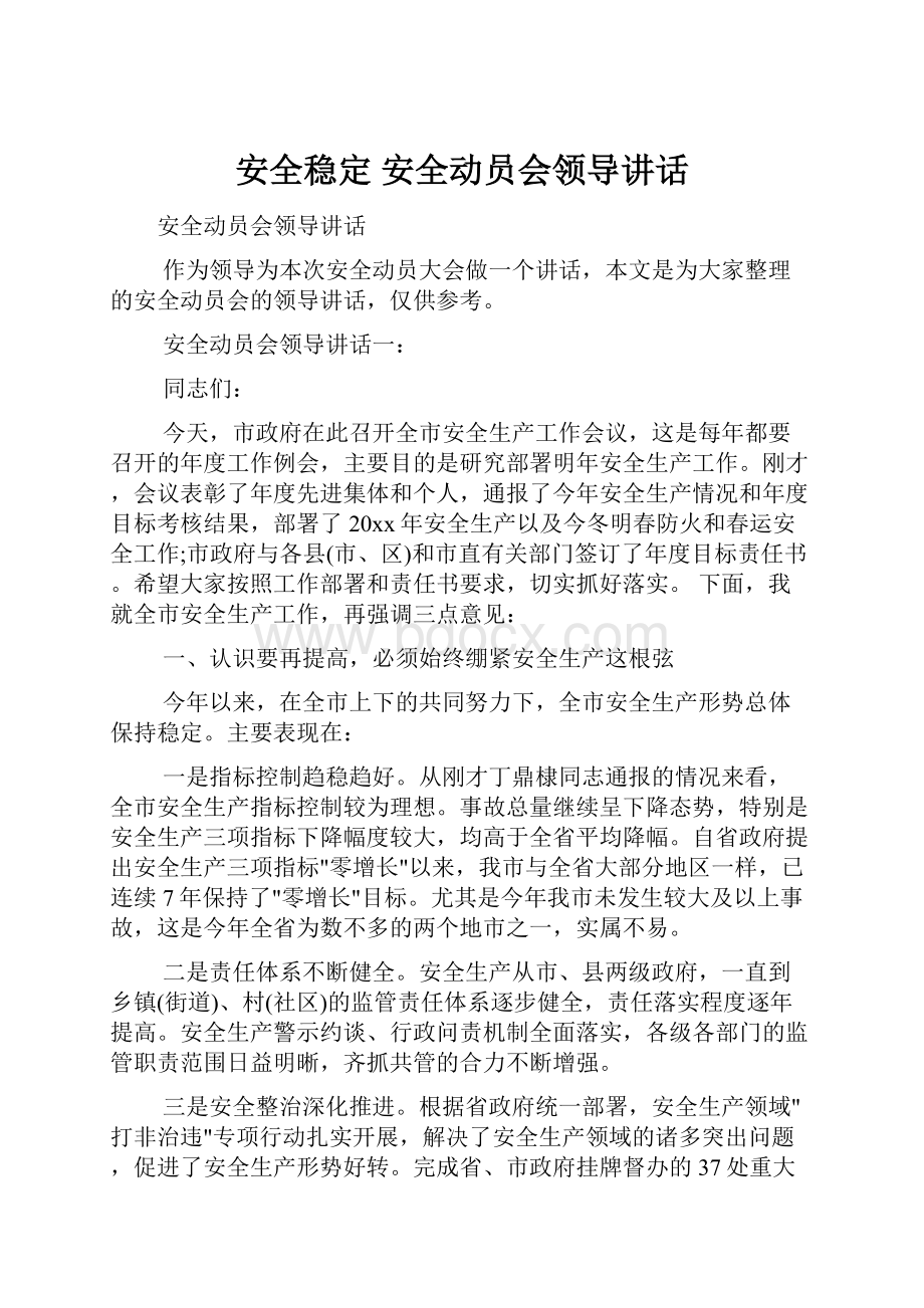 安全稳定 安全动员会领导讲话.docx