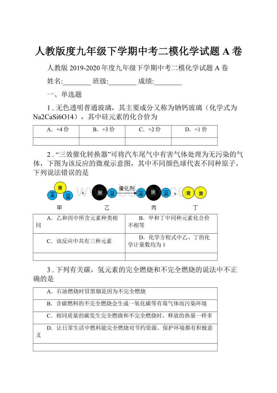 人教版度九年级下学期中考二模化学试题A卷.docx_第1页