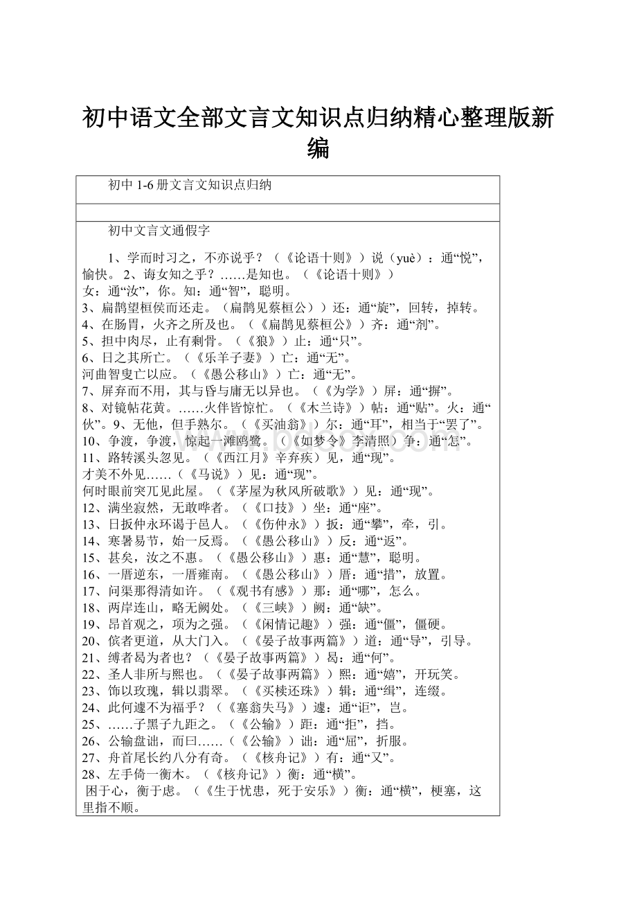 初中语文全部文言文知识点归纳精心整理版新编.docx