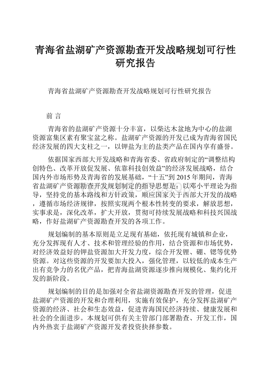 青海省盐湖矿产资源勘查开发战略规划可行性研究报告.docx