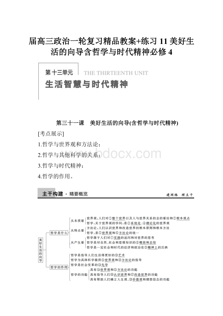 届高三政治一轮复习精品教案+练习11美好生活的向导含哲学与时代精神必修4.docx