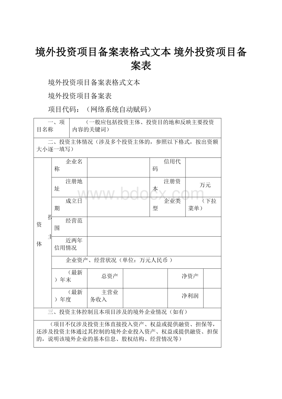 境外投资项目备案表格式文本 境外投资项目备案表.docx_第1页