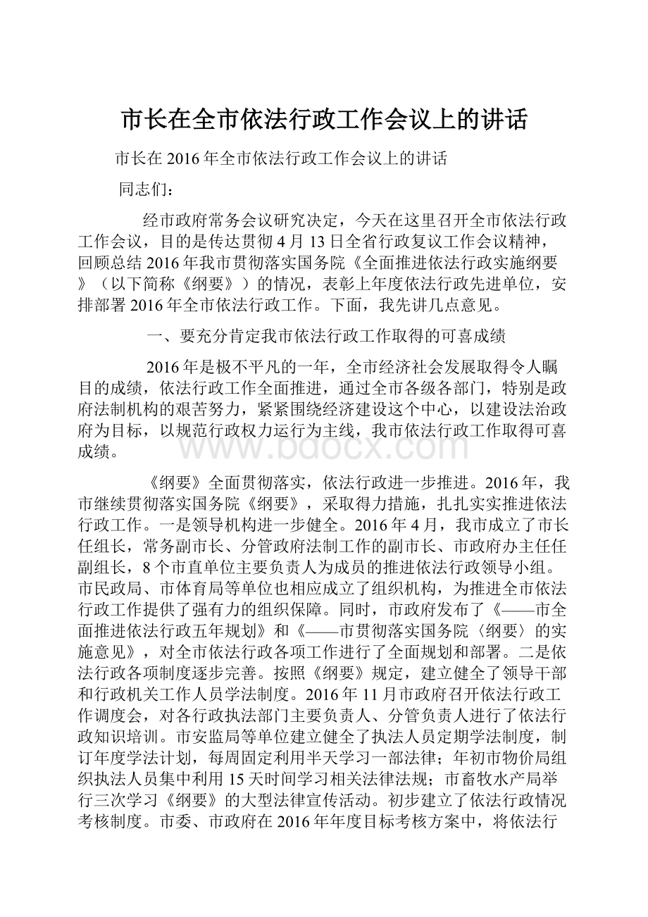 市长在全市依法行政工作会议上的讲话.docx