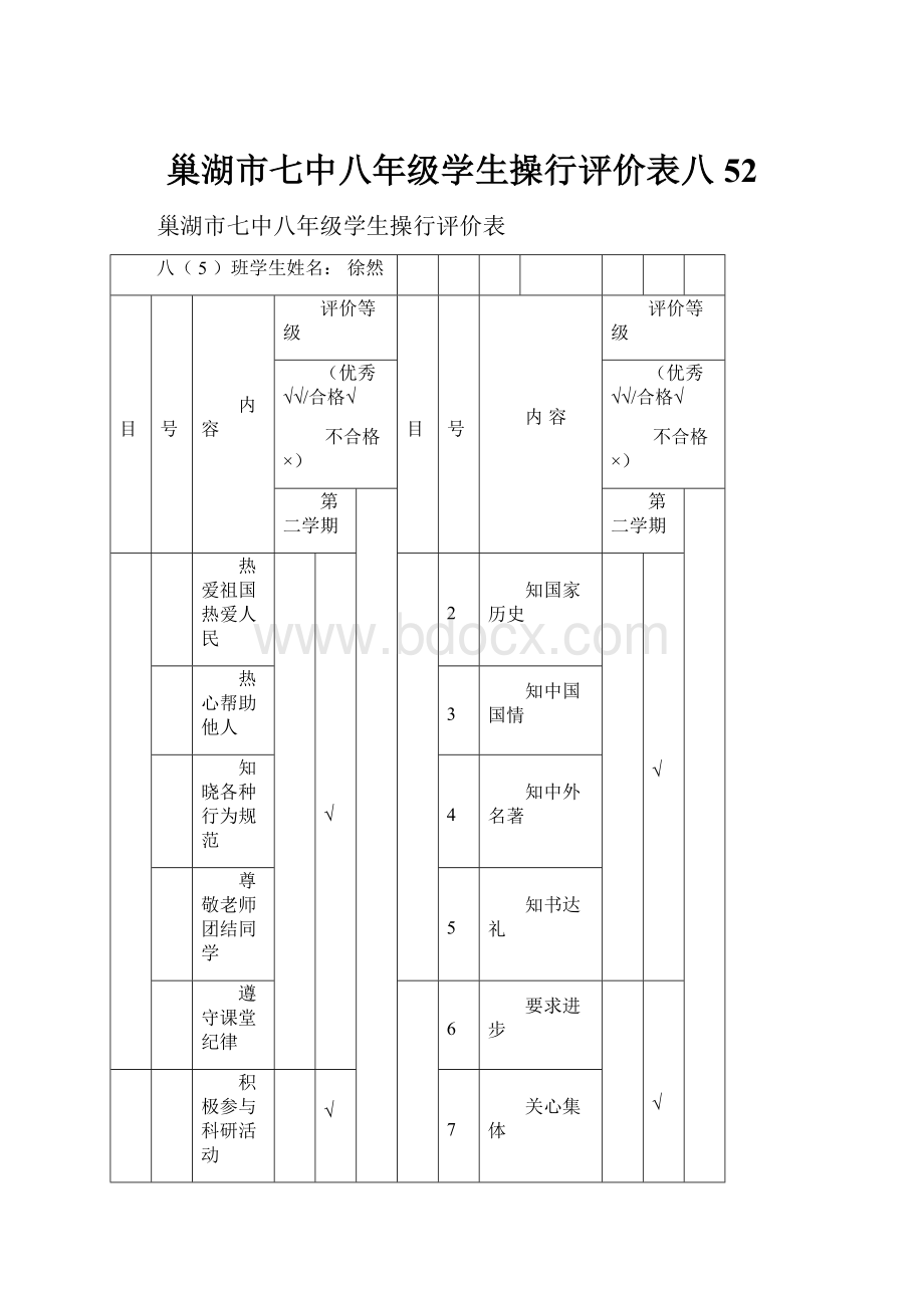 巢湖市七中八年级学生操行评价表八52.docx