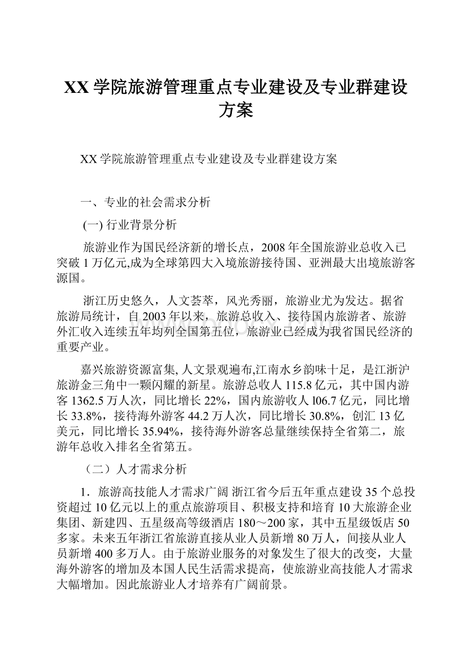 XX学院旅游管理重点专业建设及专业群建设方案.docx_第1页