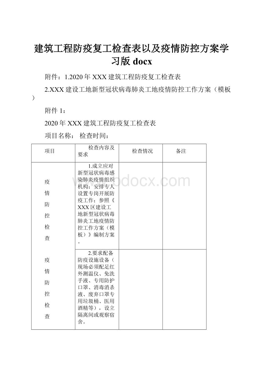 建筑工程防疫复工检查表以及疫情防控方案学习版docx.docx_第1页