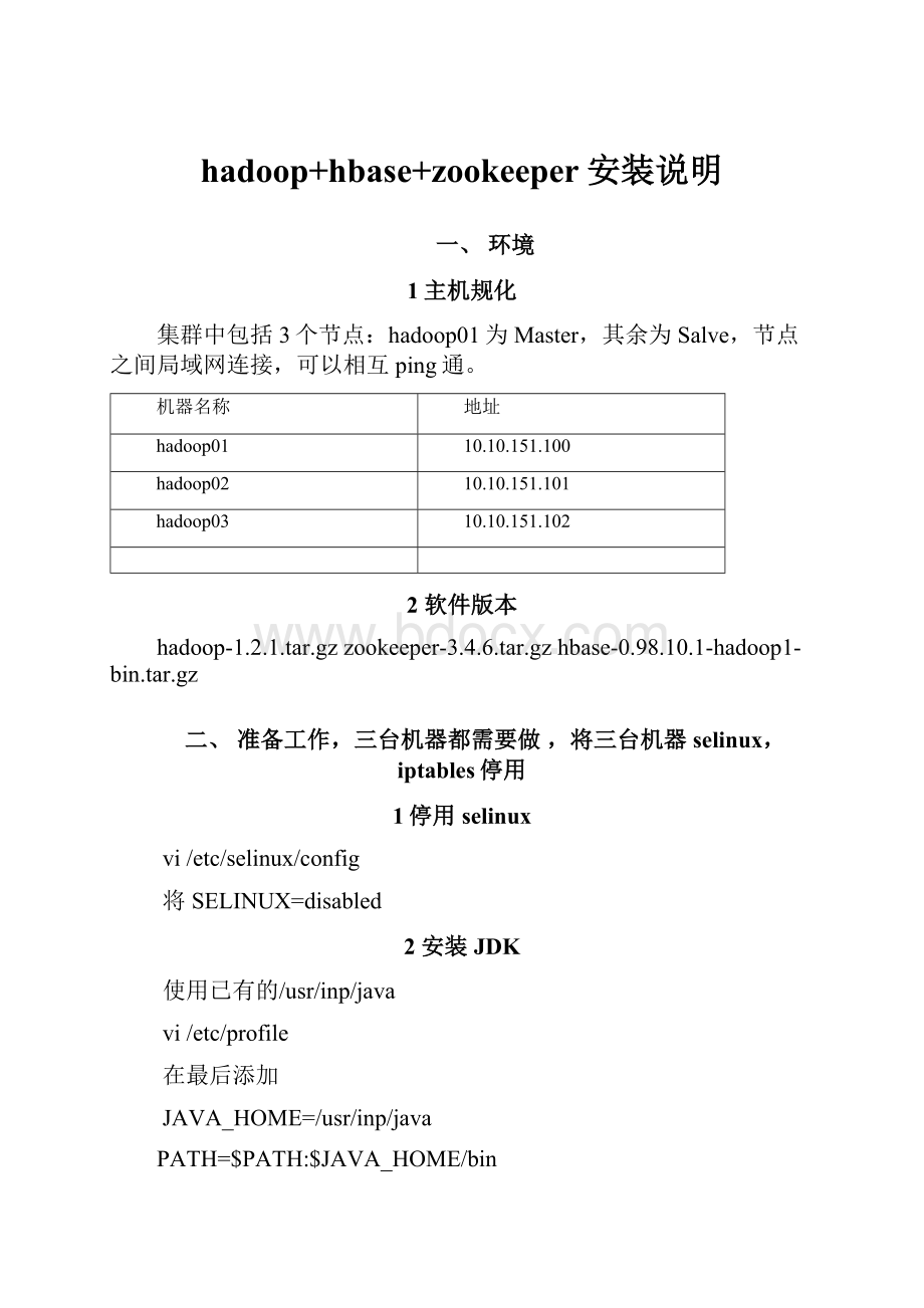 hadoop+hbase+zookeeper安装说明.docx