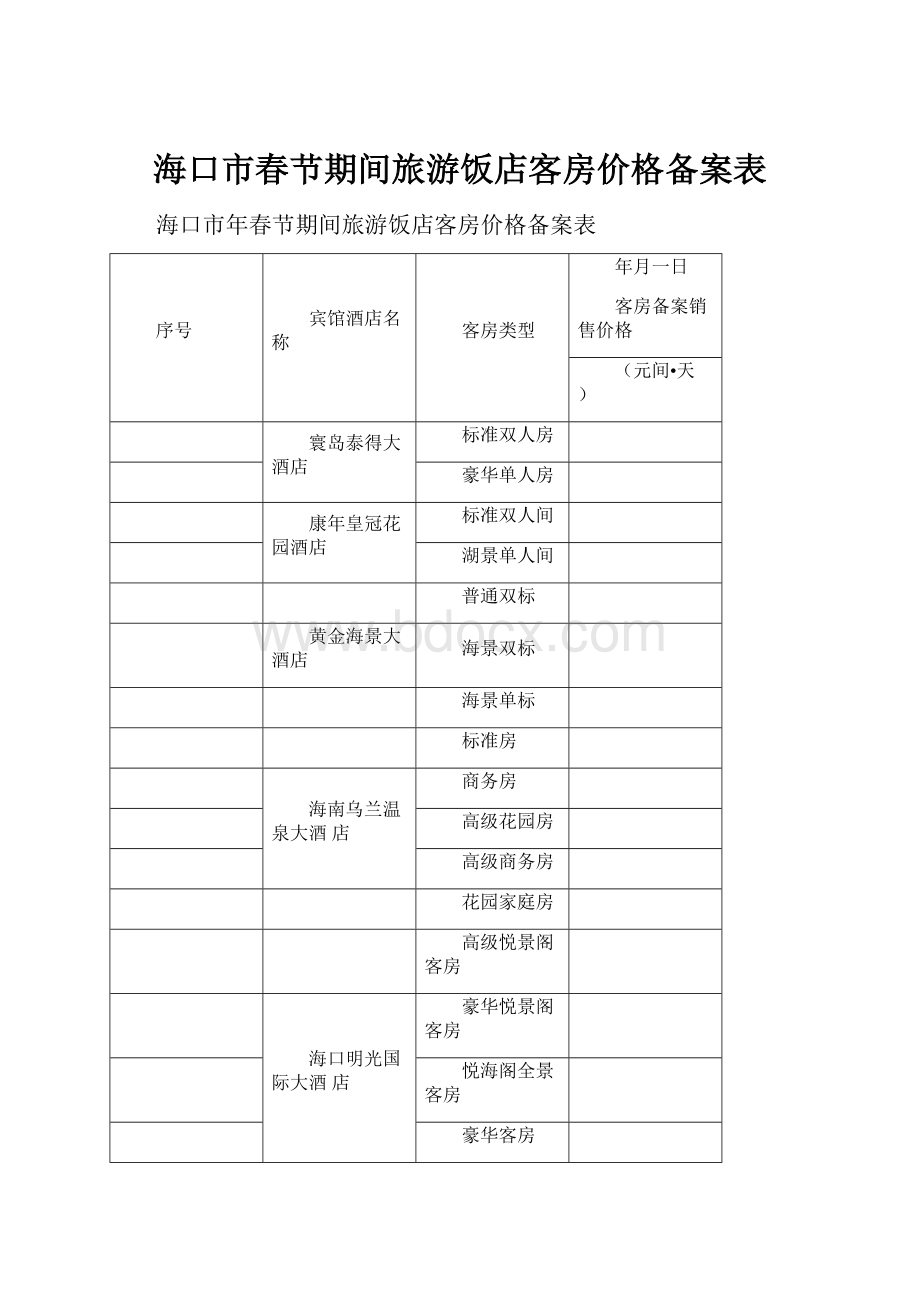 海口市春节期间旅游饭店客房价格备案表.docx