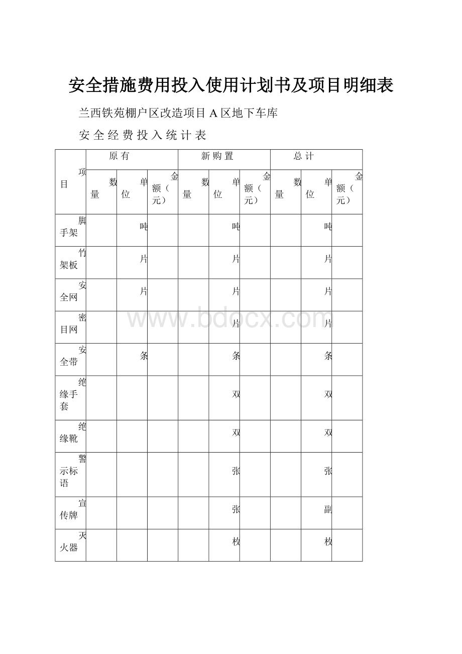 安全措施费用投入使用计划书及项目明细表.docx