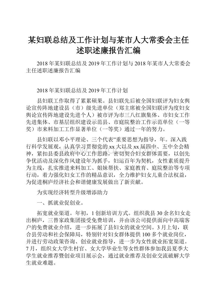 某妇联总结及工作计划与某市人大常委会主任述职述廉报告汇编.docx