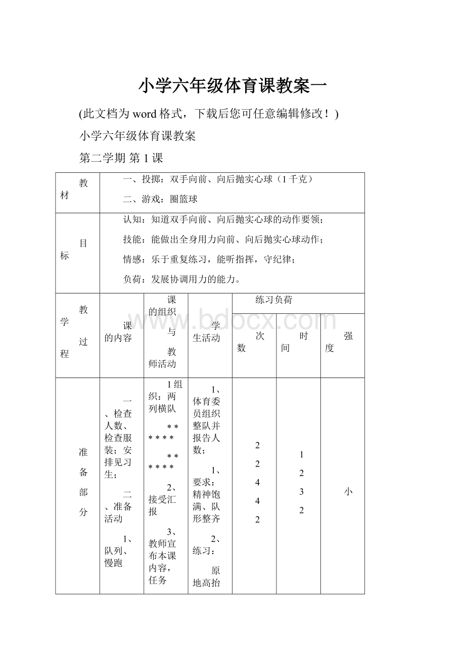 小学六年级体育课教案一.docx