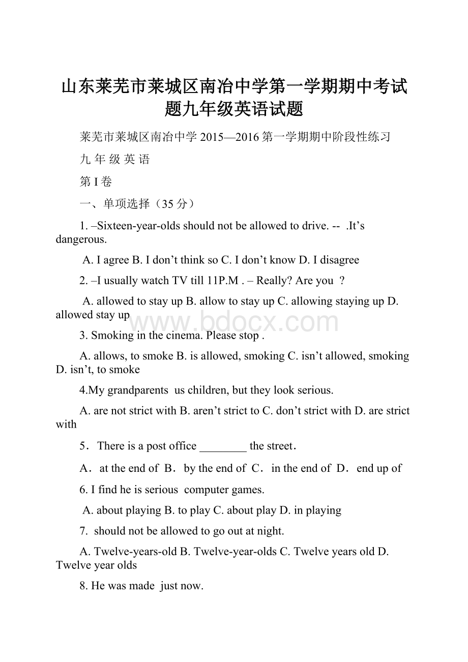 山东莱芜市莱城区南冶中学第一学期期中考试题九年级英语试题.docx_第1页