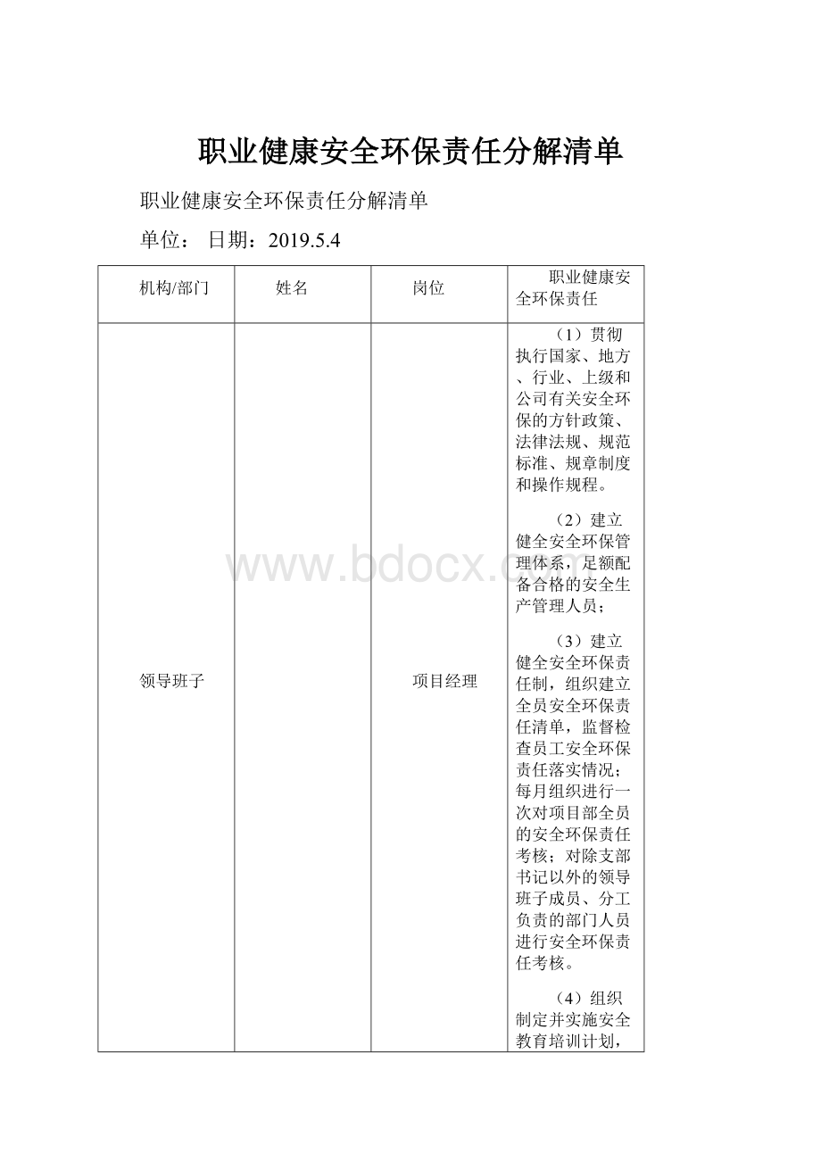 职业健康安全环保责任分解清单.docx_第1页