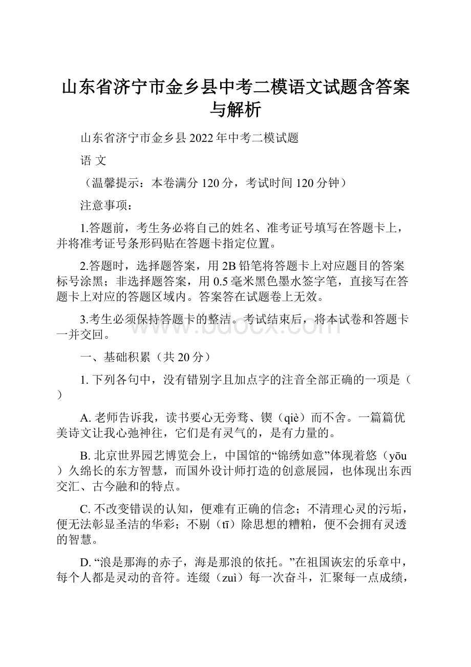 山东省济宁市金乡县中考二模语文试题含答案与解析.docx_第1页