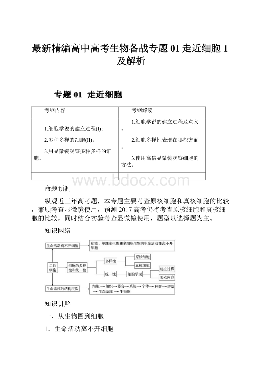 最新精编高中高考生物备战专题01走近细胞1及解析.docx