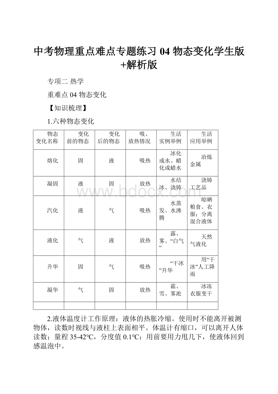 中考物理重点难点专题练习04 物态变化学生版+解析版.docx_第1页