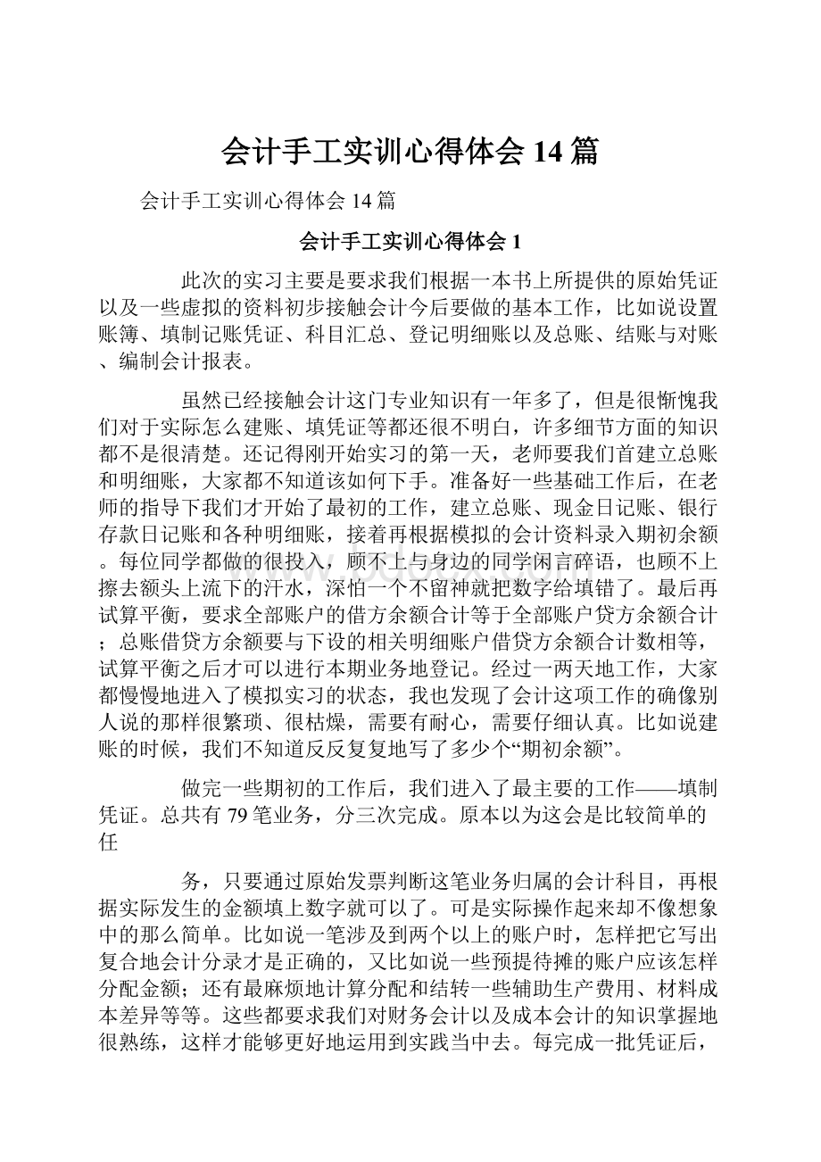 会计手工实训心得体会14篇.docx_第1页