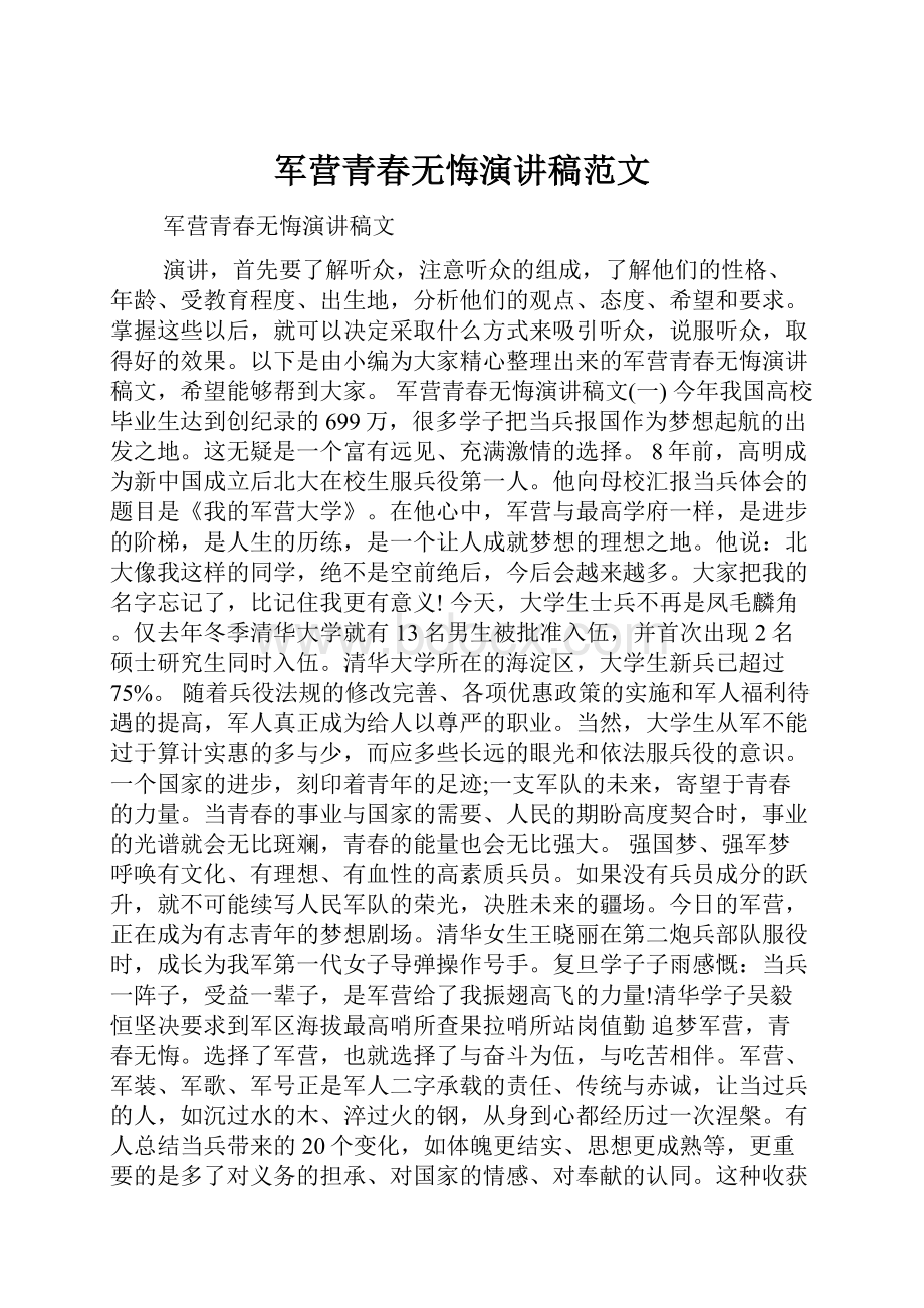 军营青春无悔演讲稿范文.docx