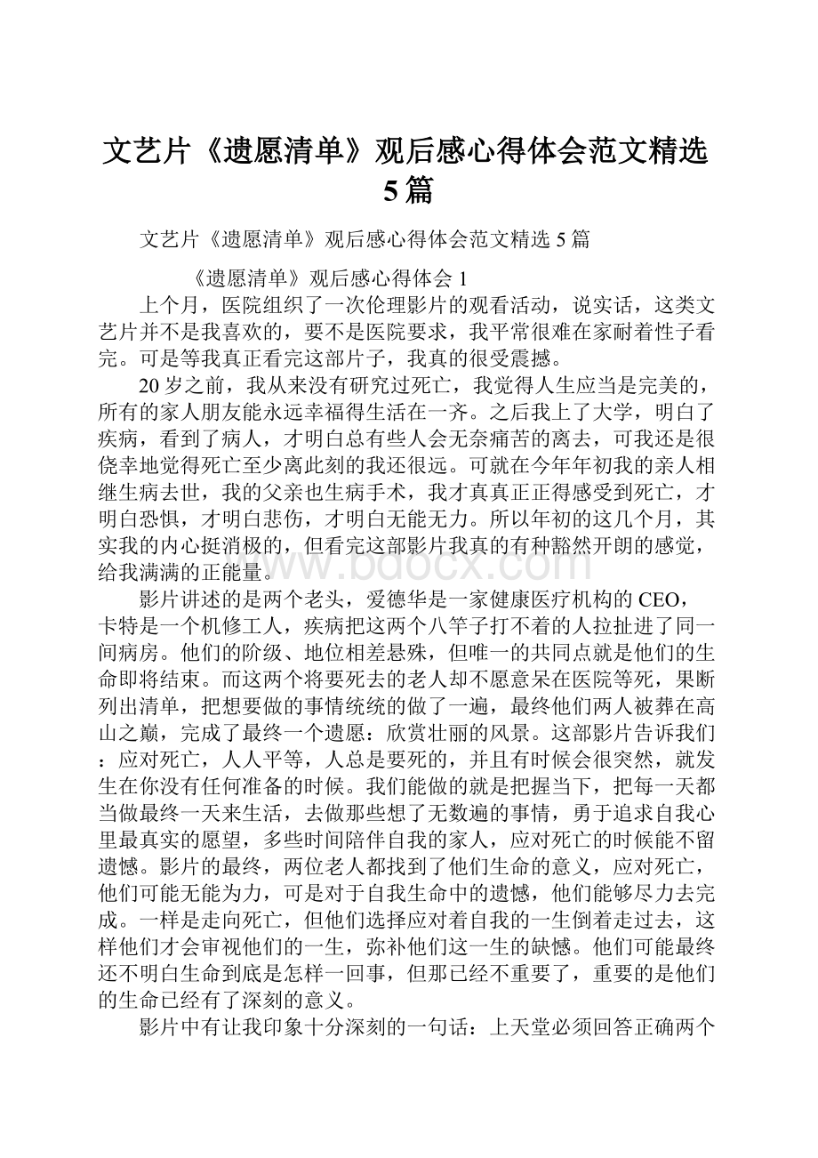 文艺片《遗愿清单》观后感心得体会范文精选5篇.docx_第1页