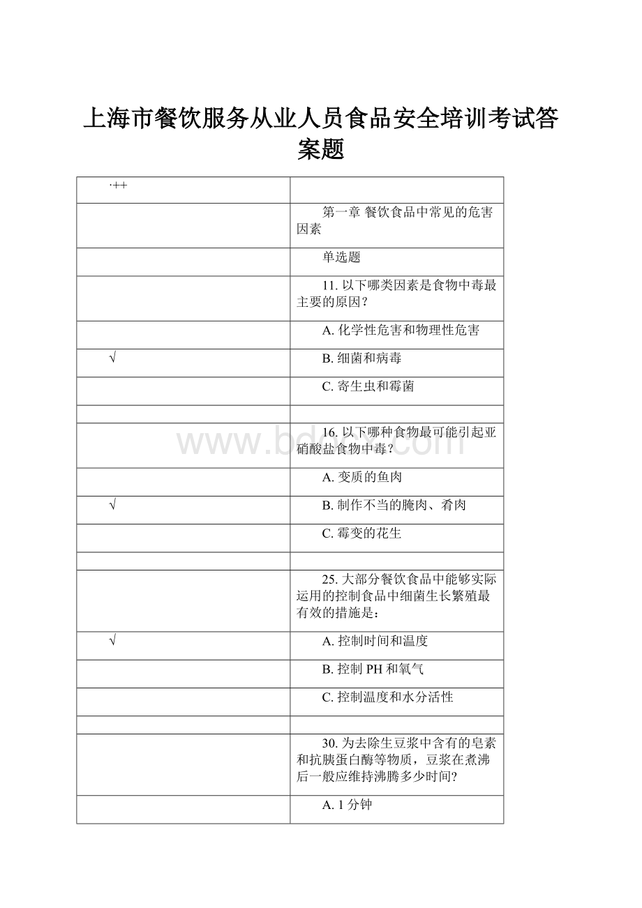 上海市餐饮服务从业人员食品安全培训考试答案题.docx