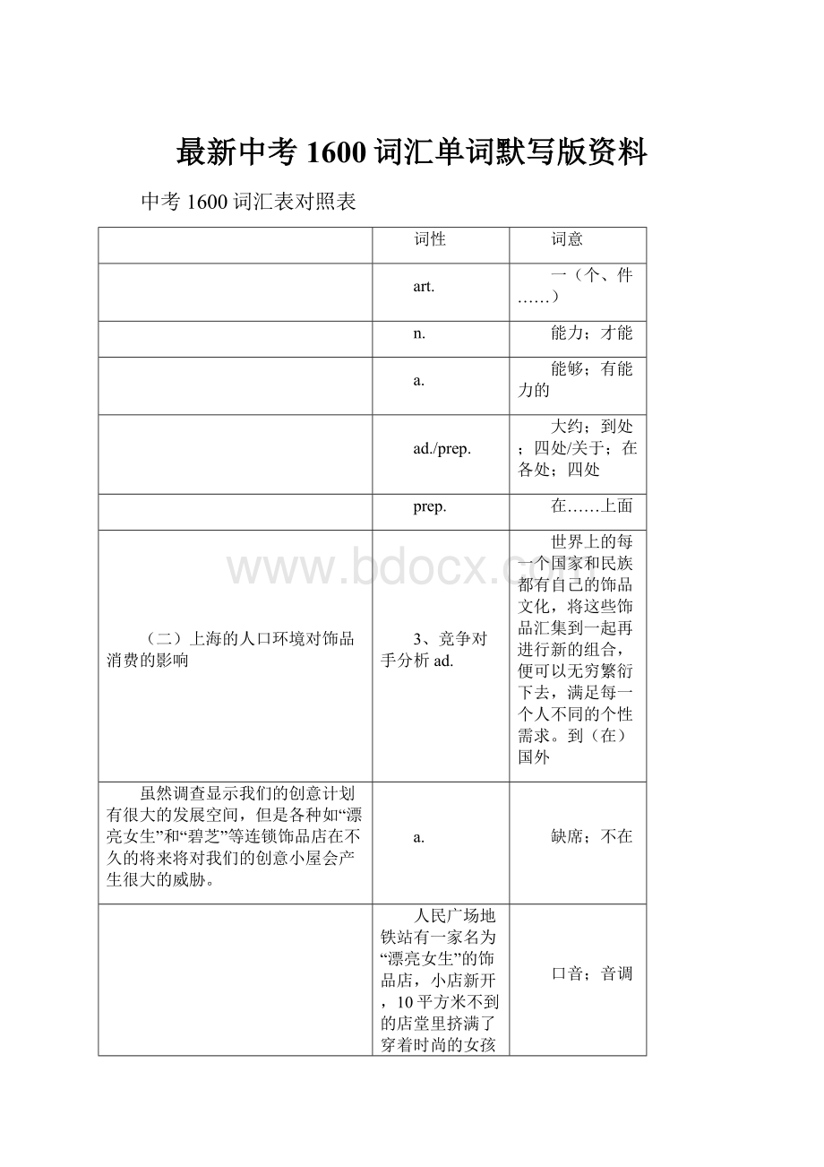 最新中考1600词汇单词默写版资料.docx