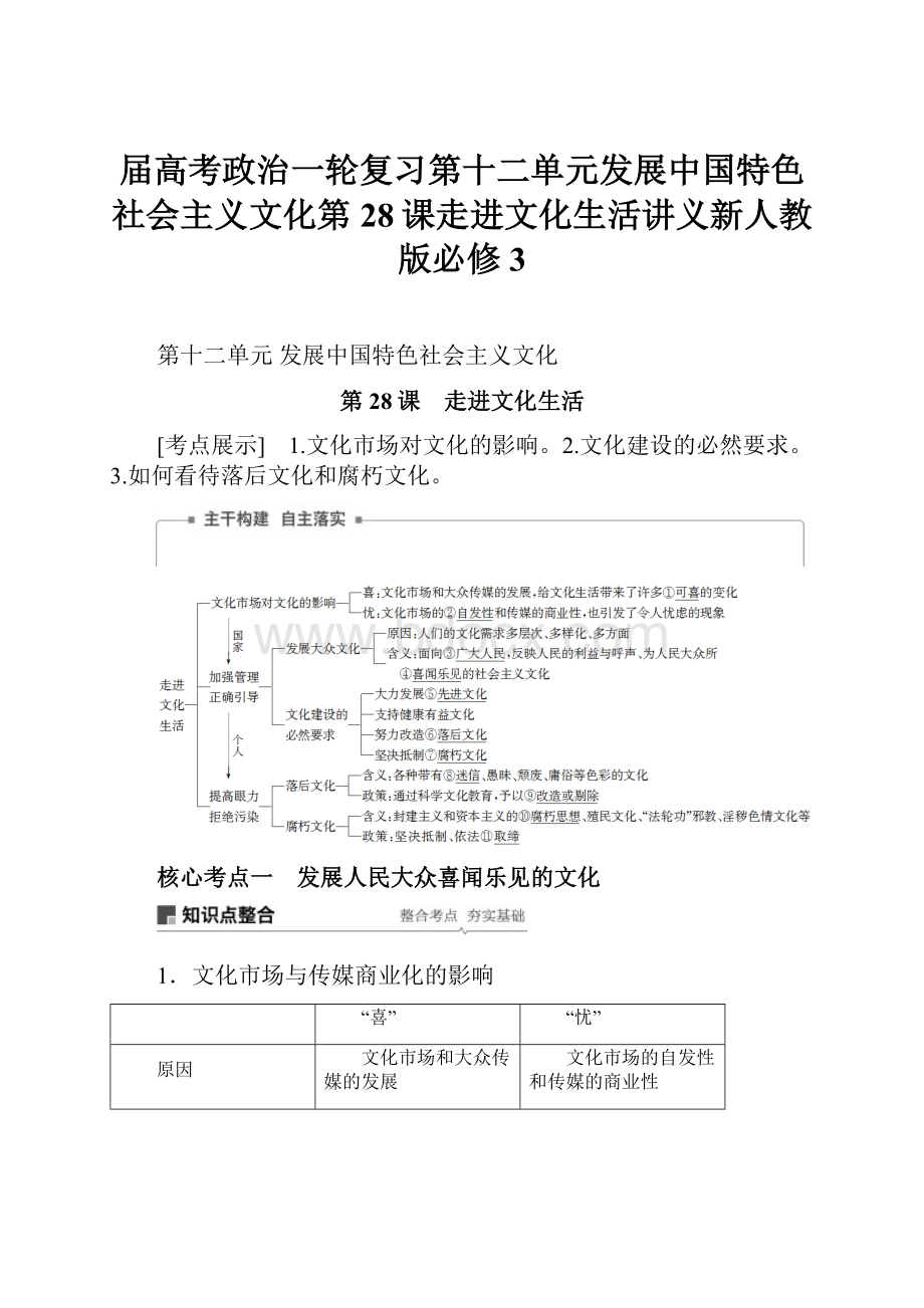 届高考政治一轮复习第十二单元发展中国特色社会主义文化第28课走进文化生活讲义新人教版必修3.docx_第1页