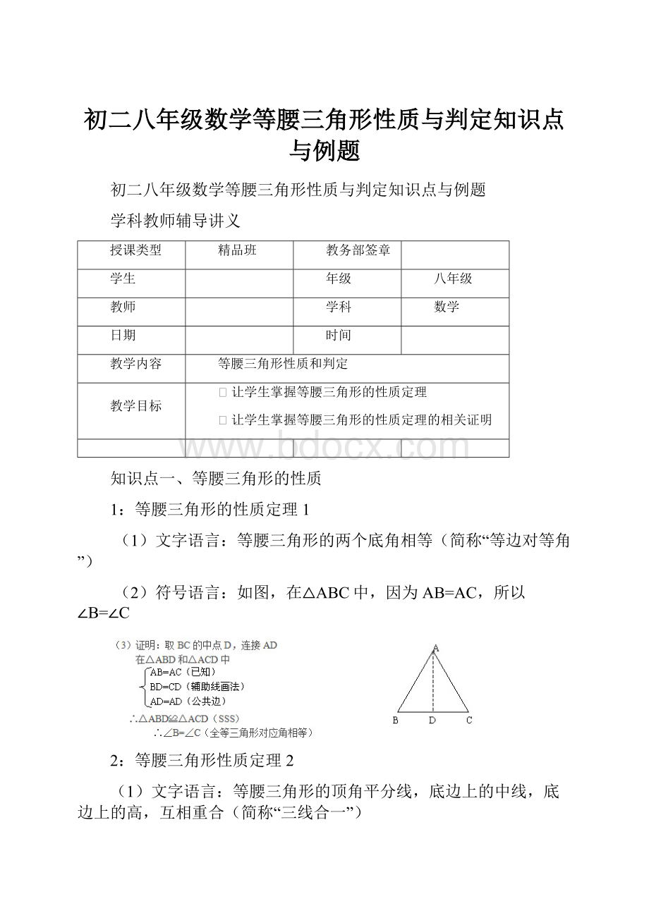 初二八年级数学等腰三角形性质与判定知识点与例题.docx