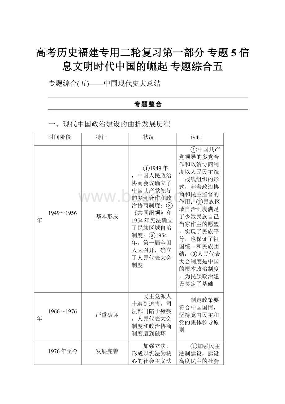 高考历史福建专用二轮复习第一部分 专题5 信息文明时代中国的崛起 专题综合五.docx