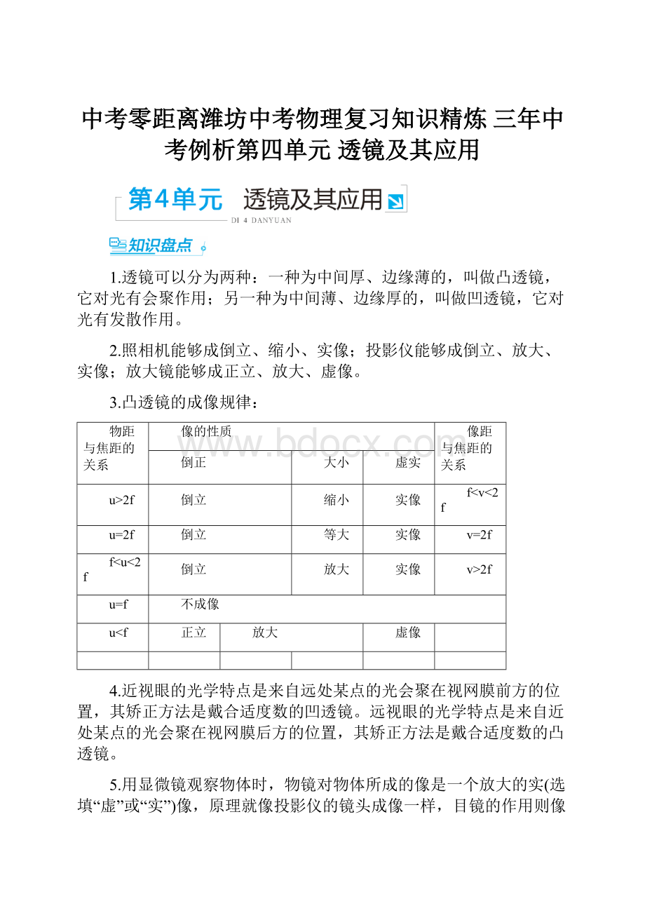 中考零距离潍坊中考物理复习知识精炼 三年中考例析第四单元 透镜及其应用.docx_第1页