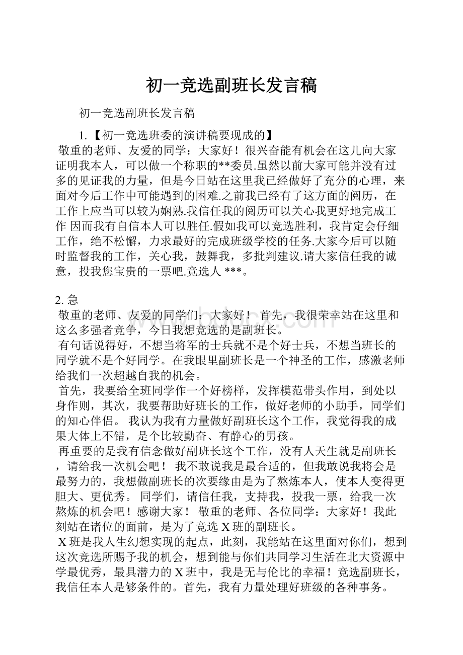 初一竞选副班长发言稿.docx