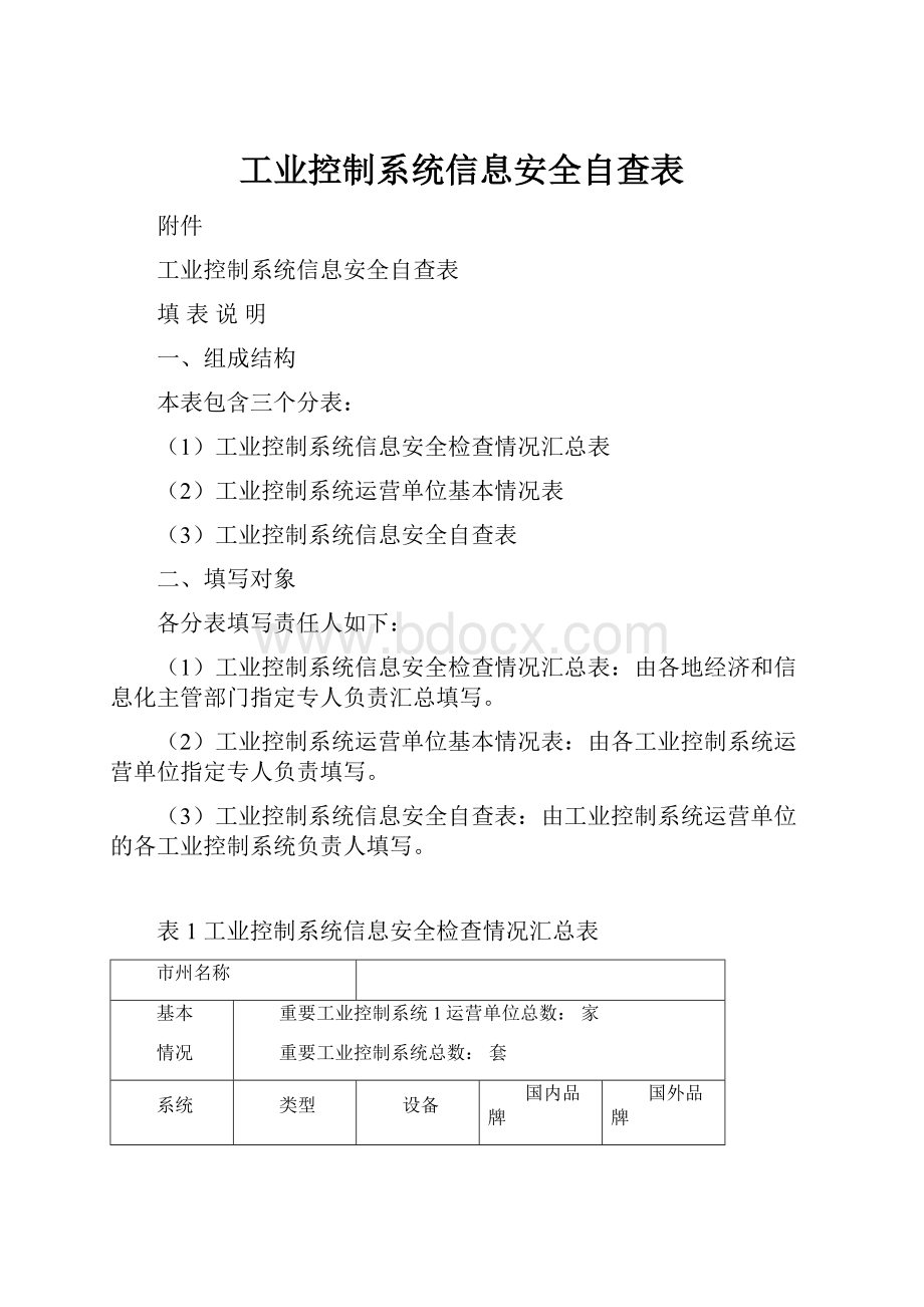 工业控制系统信息安全自查表.docx