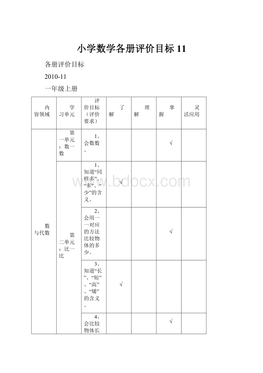 小学数学各册评价目标11.docx