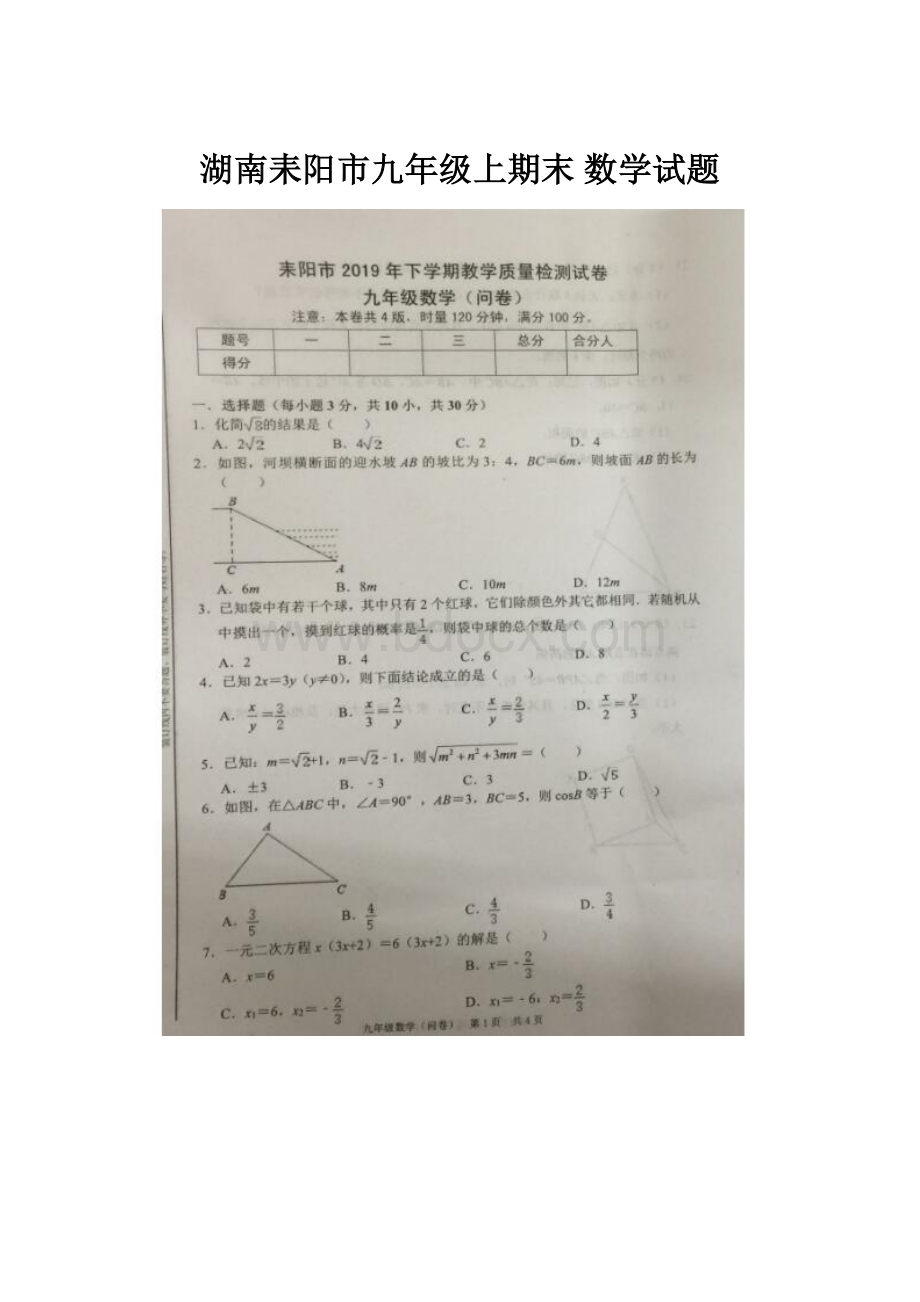 湖南耒阳市九年级上期末 数学试题.docx