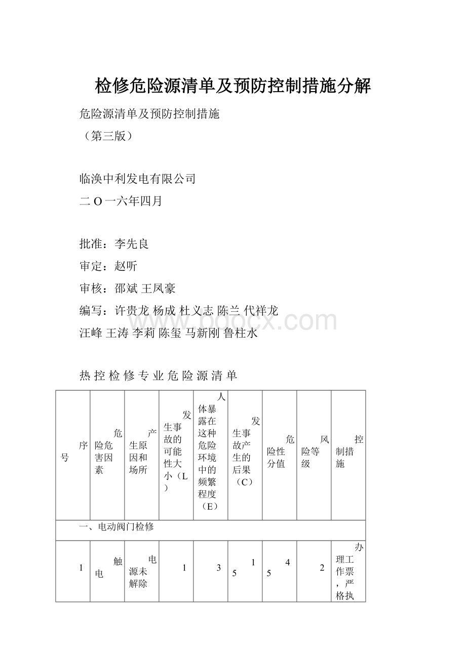 检修危险源清单及预防控制措施分解.docx_第1页