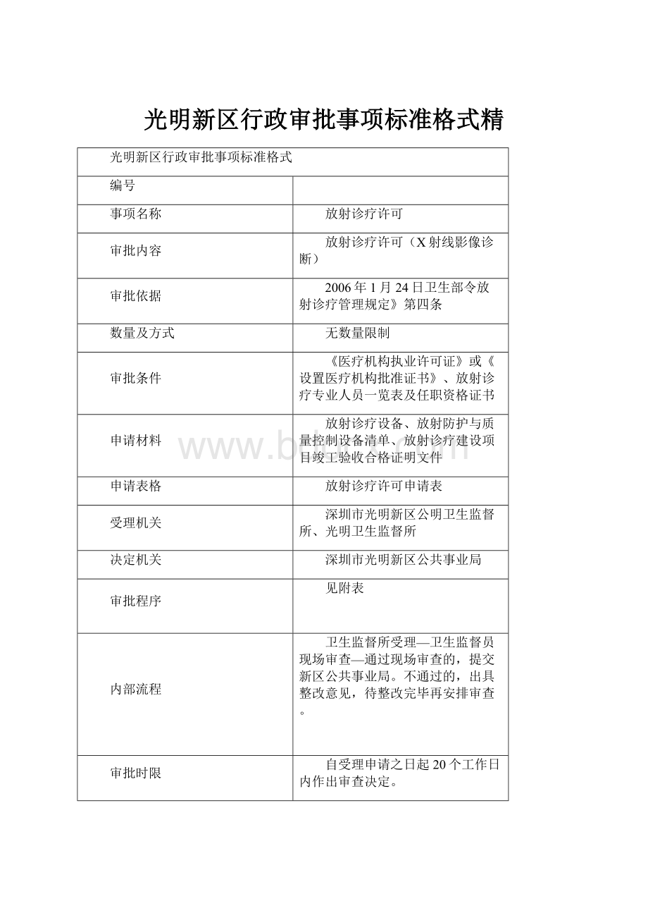 光明新区行政审批事项标准格式精.docx