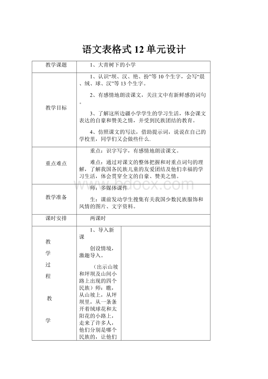 语文表格式12单元设计.docx