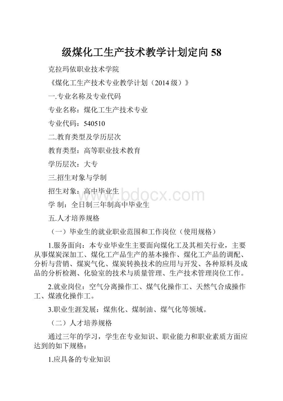 级煤化工生产技术教学计划定向58.docx