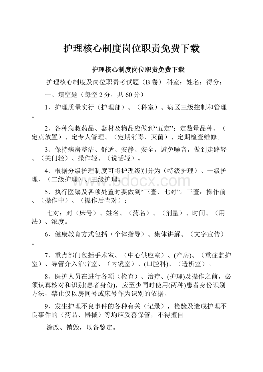 护理核心制度岗位职责免费下载.docx