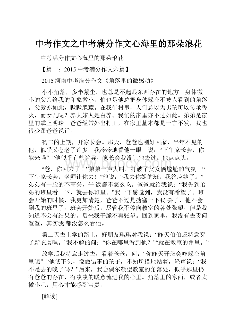 中考作文之中考满分作文心海里的那朵浪花.docx